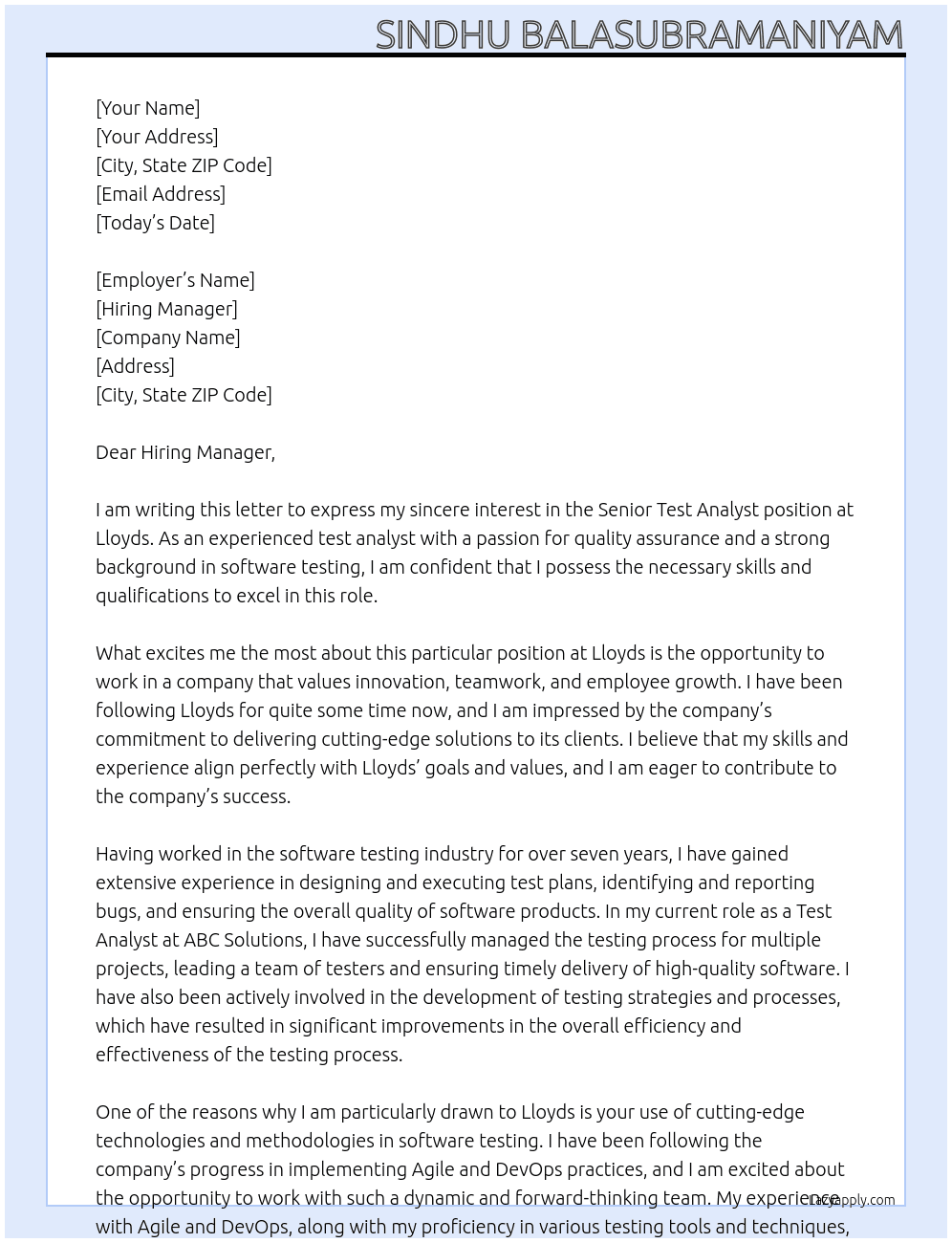 Senior Test Analyst At Lloyds Cover Letter