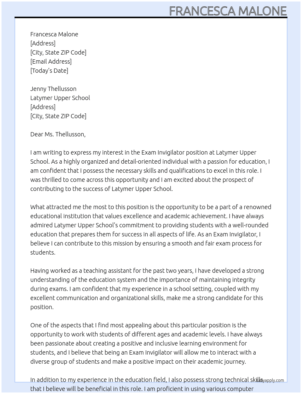 Exam Invigilator  At Latymer Upper School  Cover Letter
