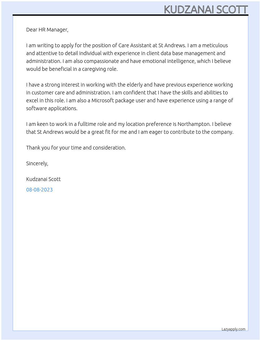 CARE ASSISTANT At St Andrews Cover Letter