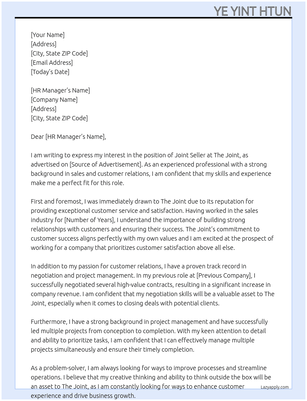 Joint seller At The joint  Cover Letter