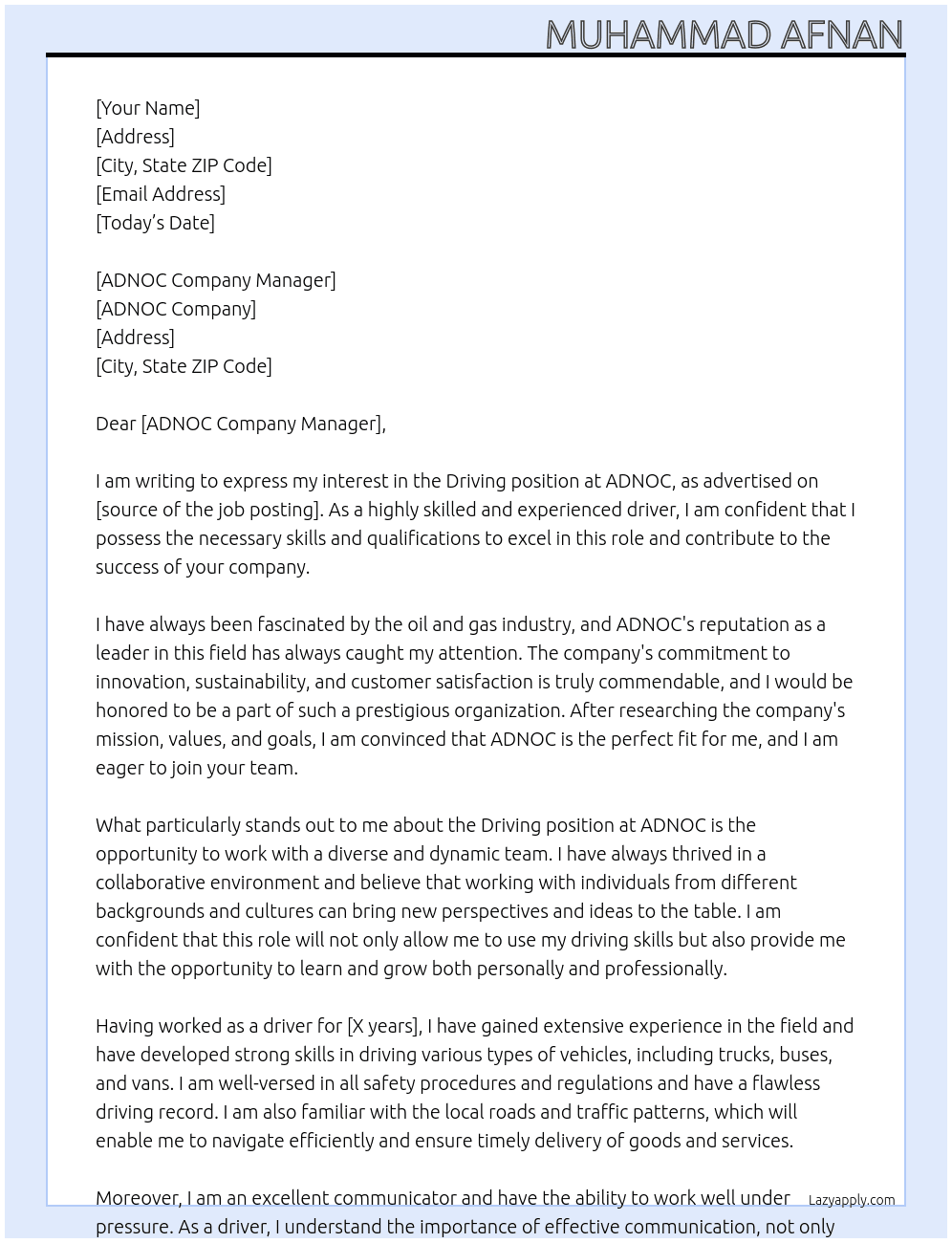 Driving At ADNOC Cover Letter