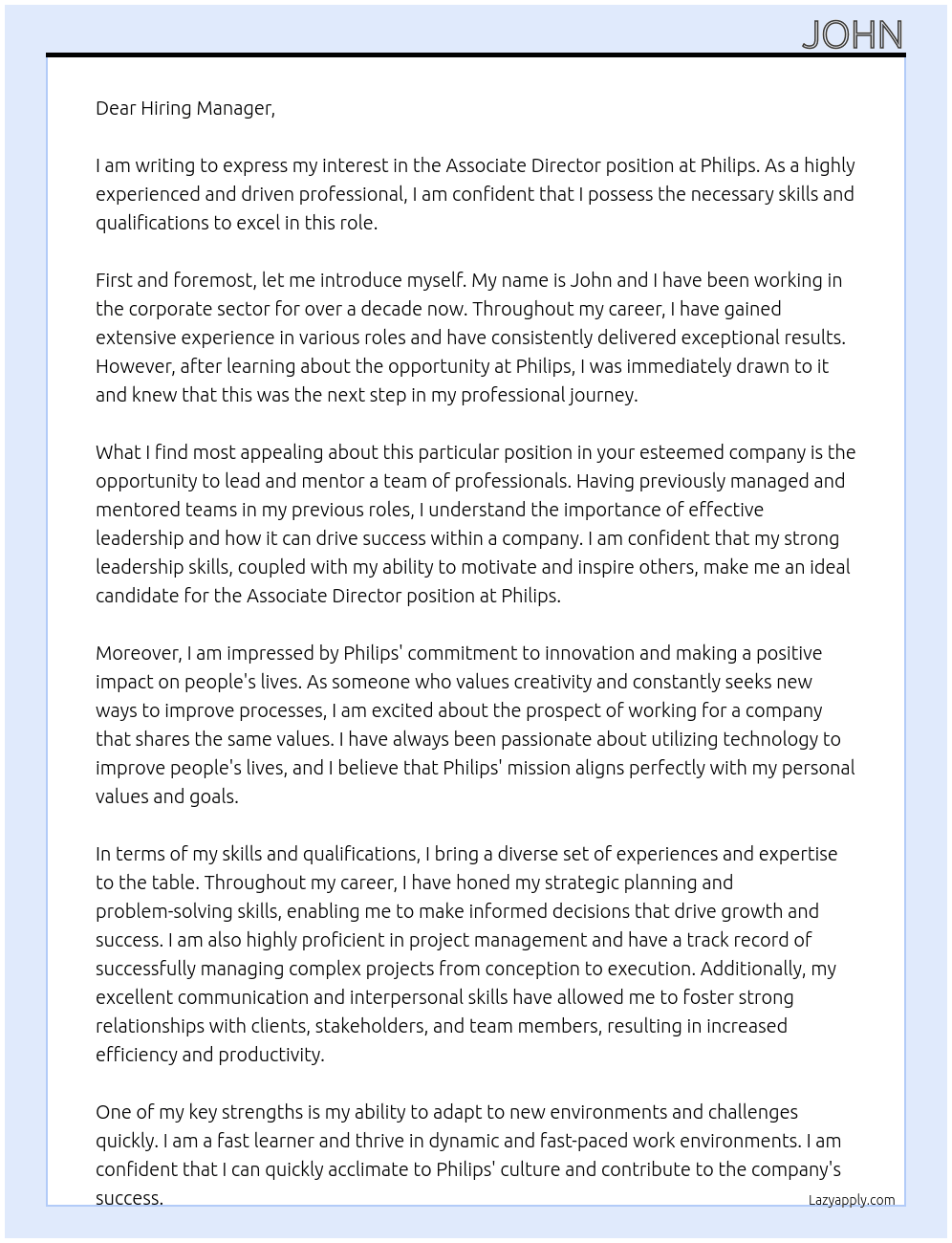 Associate Director At Philips Cover Letter