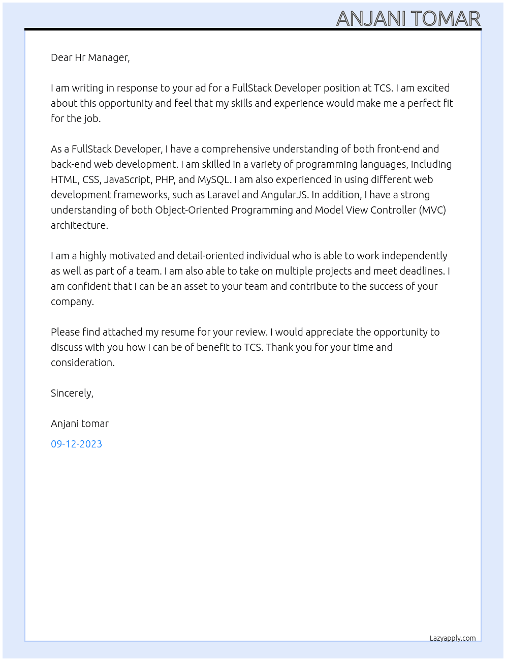 FullStack Developer At TCS Cover Letter