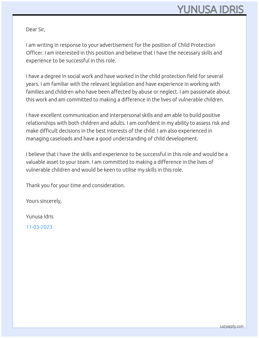 Child Protection  At Child Protection Officer Cover Letter