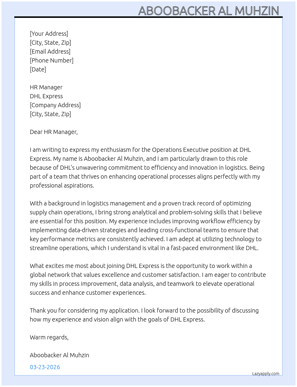 Operations Executive  At DHL Express  Cover Letter