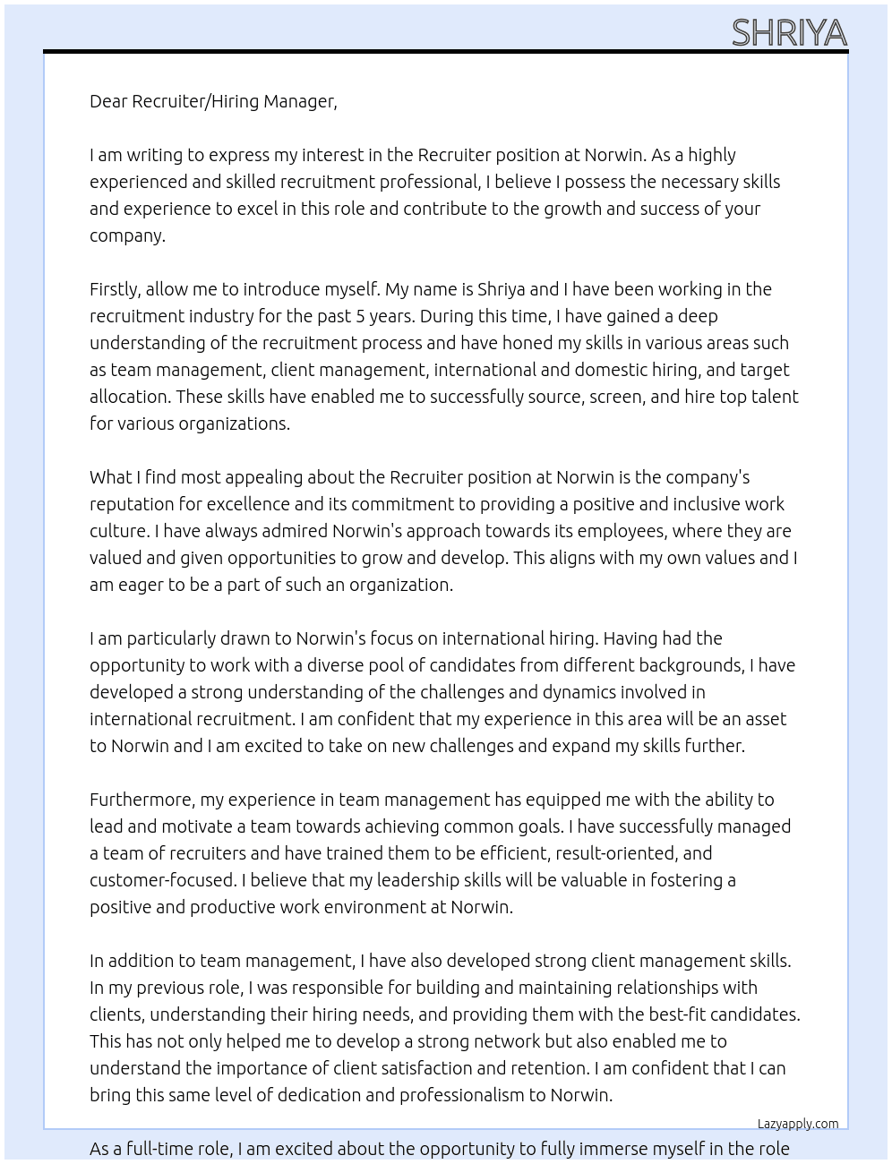 Recruiter At Norwin Cover Letter