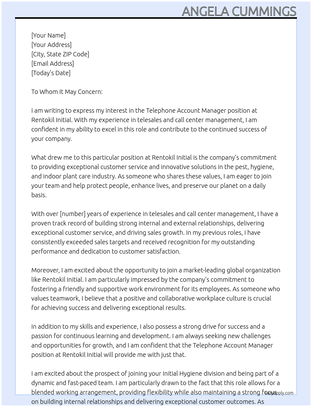 Telephone Account Manager At Rentokil Initial Cover Letter