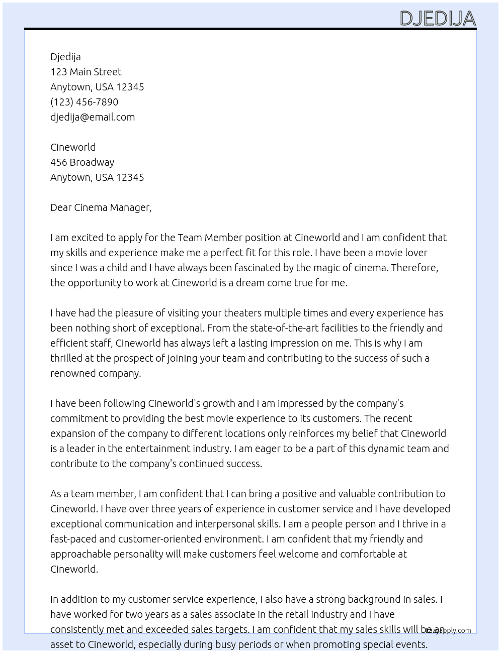 Team Member At Cineworld Cover Letter