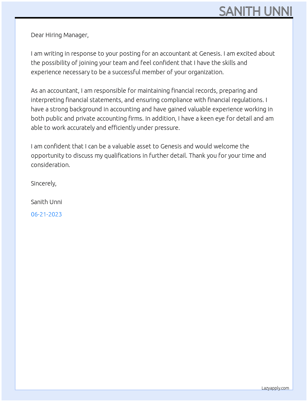 Accountant At Genesis Cover Letter