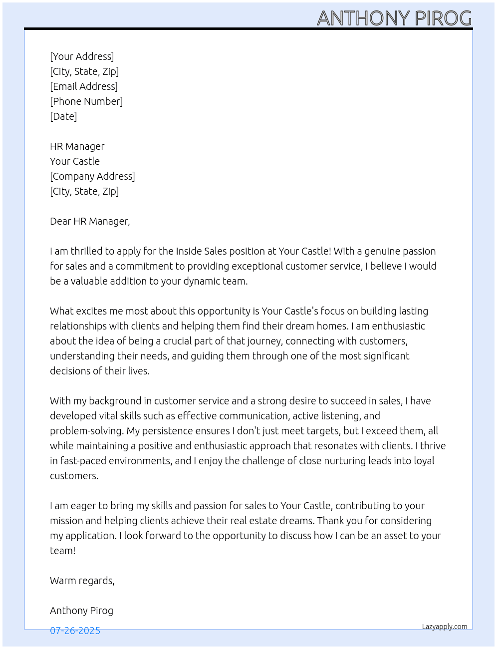 Inside Sales At Your Castle Cover Letter