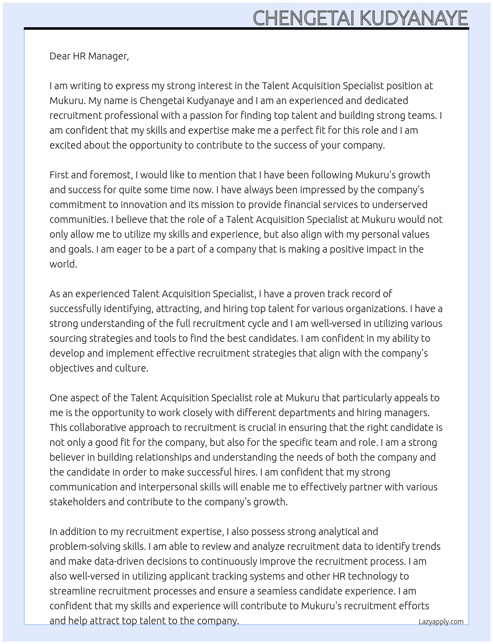 Talent Acquisition Specialist  At Mukuru  Cover Letter