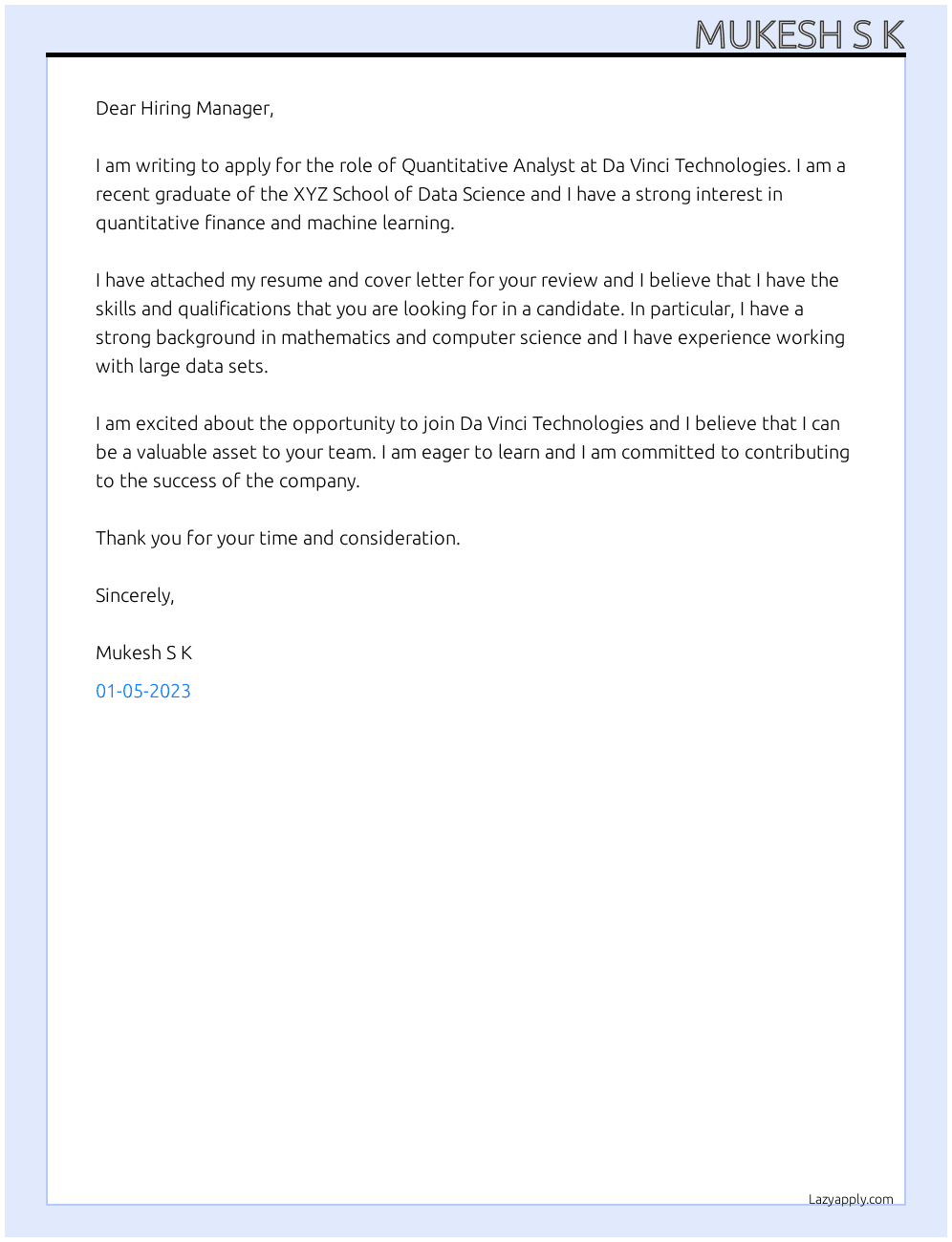 Quantitative Analyst At Da Vinci Technologies Cover Letter