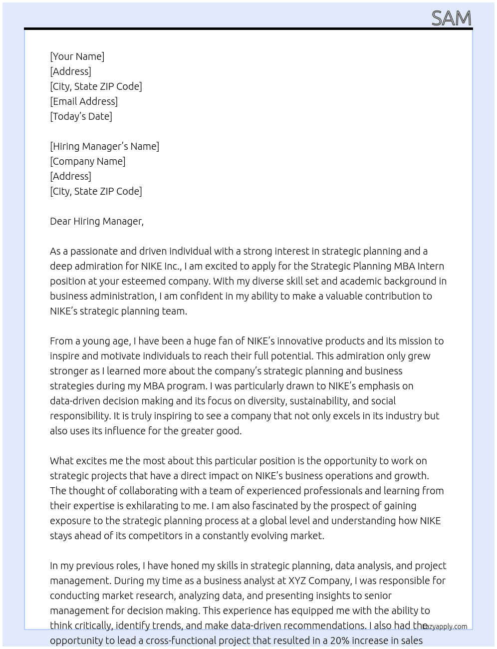 Strategic Planning MBA Intern At NIKE Inc.  Cover Letter