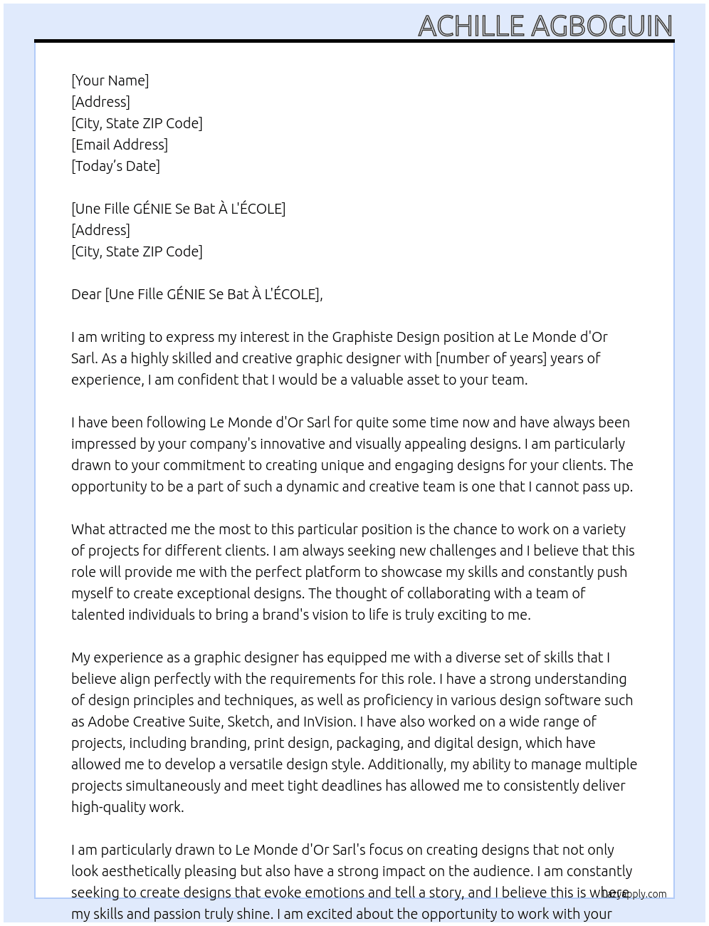 graphiste design At Le Mond d'Or Sarl   Cover Letter