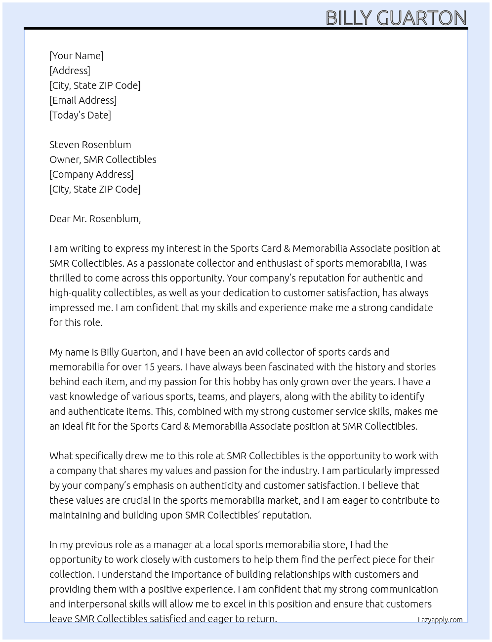 Sports Card & Memorabilia Associate At SMR Collectibles Cover Letter