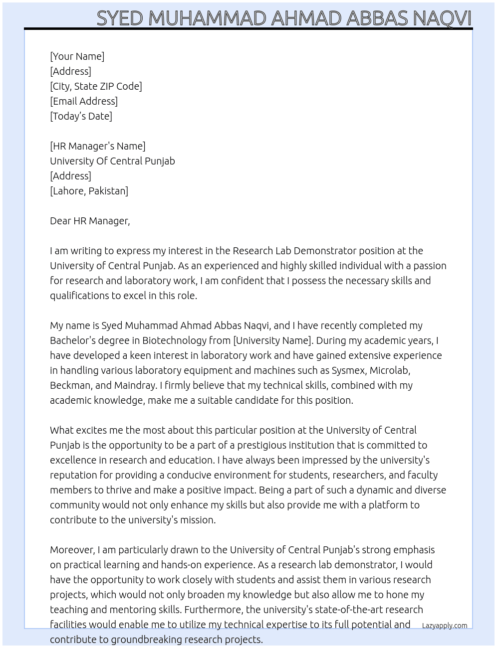 Research Lab Demonstrator At University Of Central Punjab Cover Letter