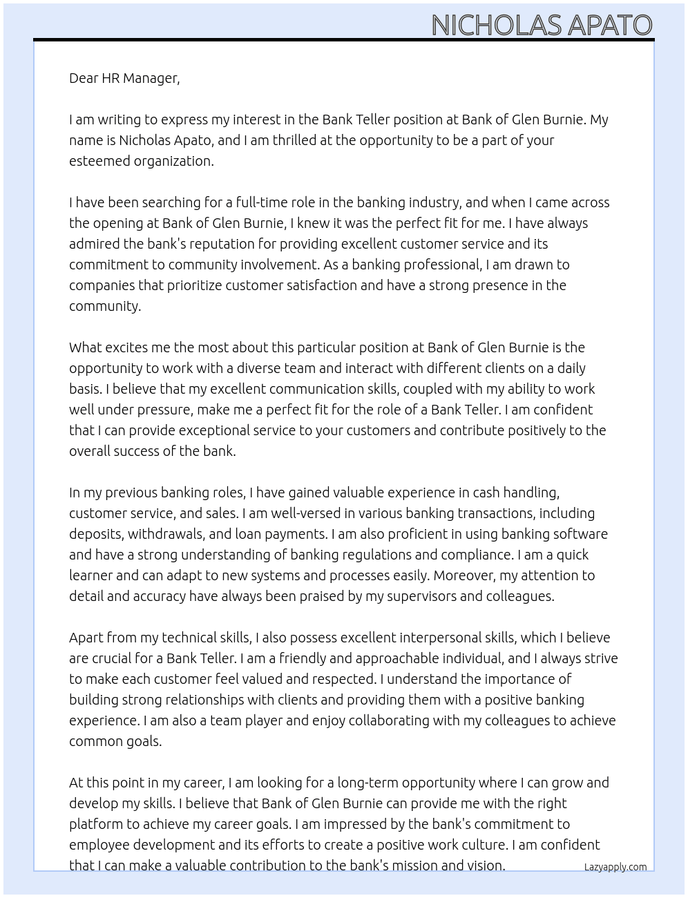 Bank Teller At Bank of Glen Burnie Cover Letter