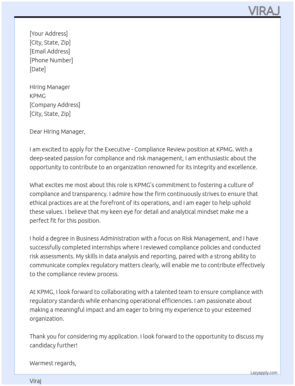 Cover letter for executive - compliance review - LazyApply