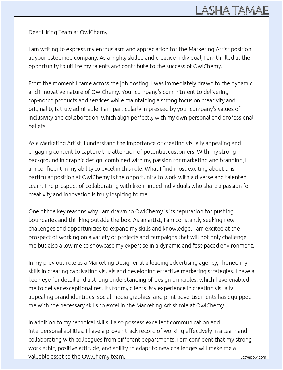 Marketing Artist At OwlChemy Cover Letter
