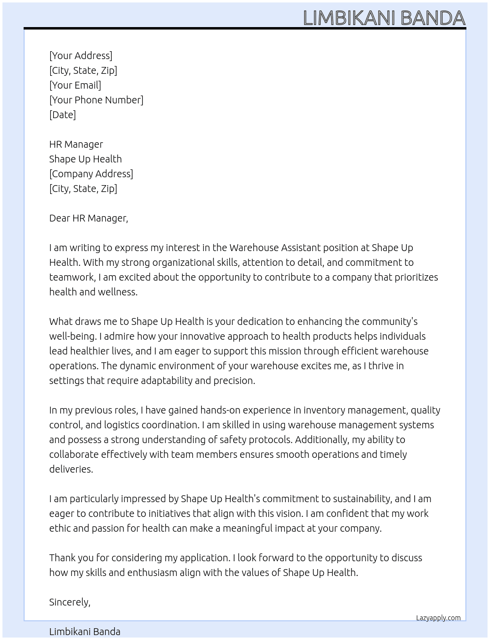 Warehouse assistant  At Shape up health  Cover Letter