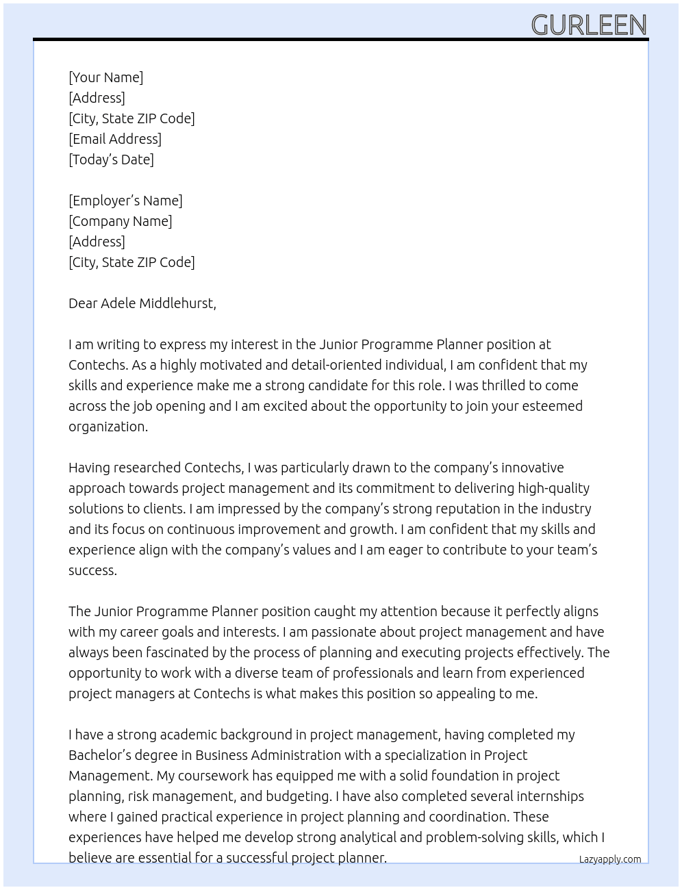 Junior Programme Planner At Contechs Cover Letter