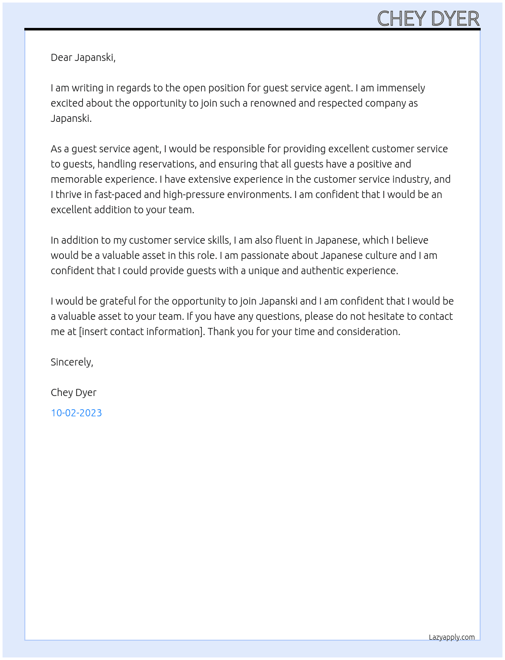 Guest service agent At Japanski Cover Letter