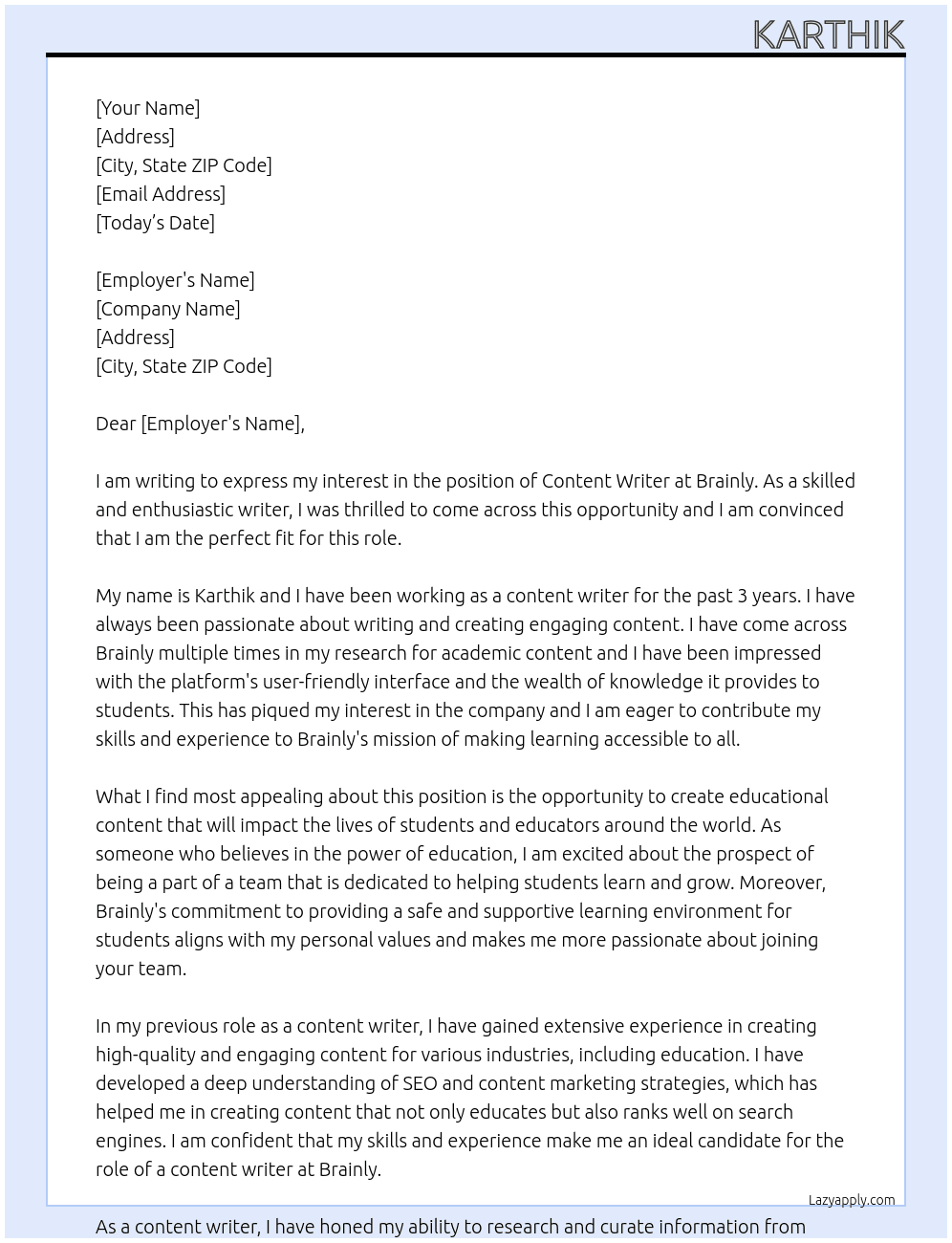 Content writer At Brainly Cover Letter