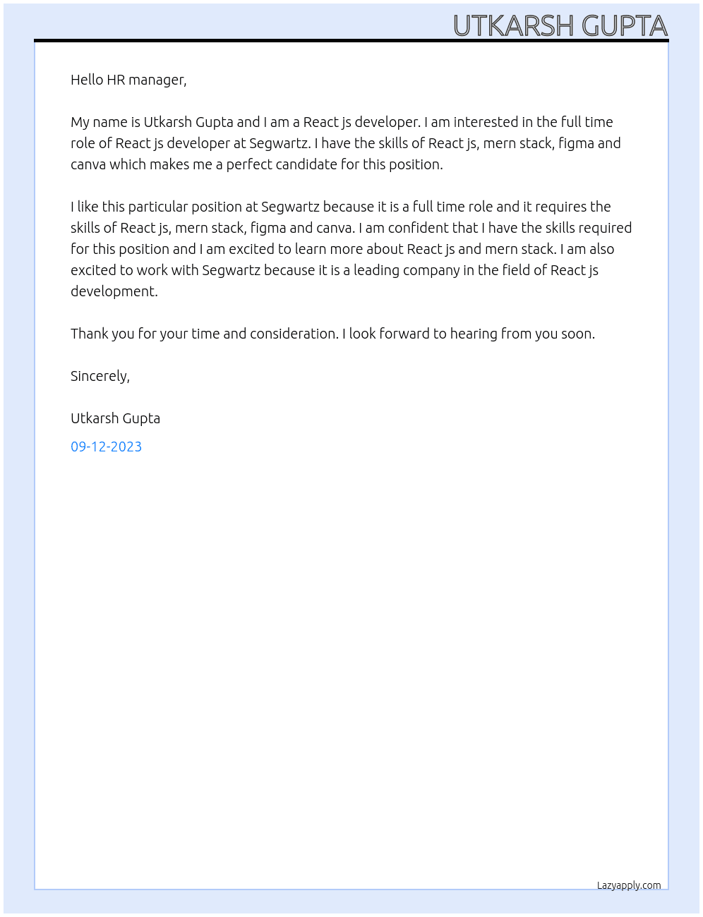 React js developer  At Segwartz Cover Letter
