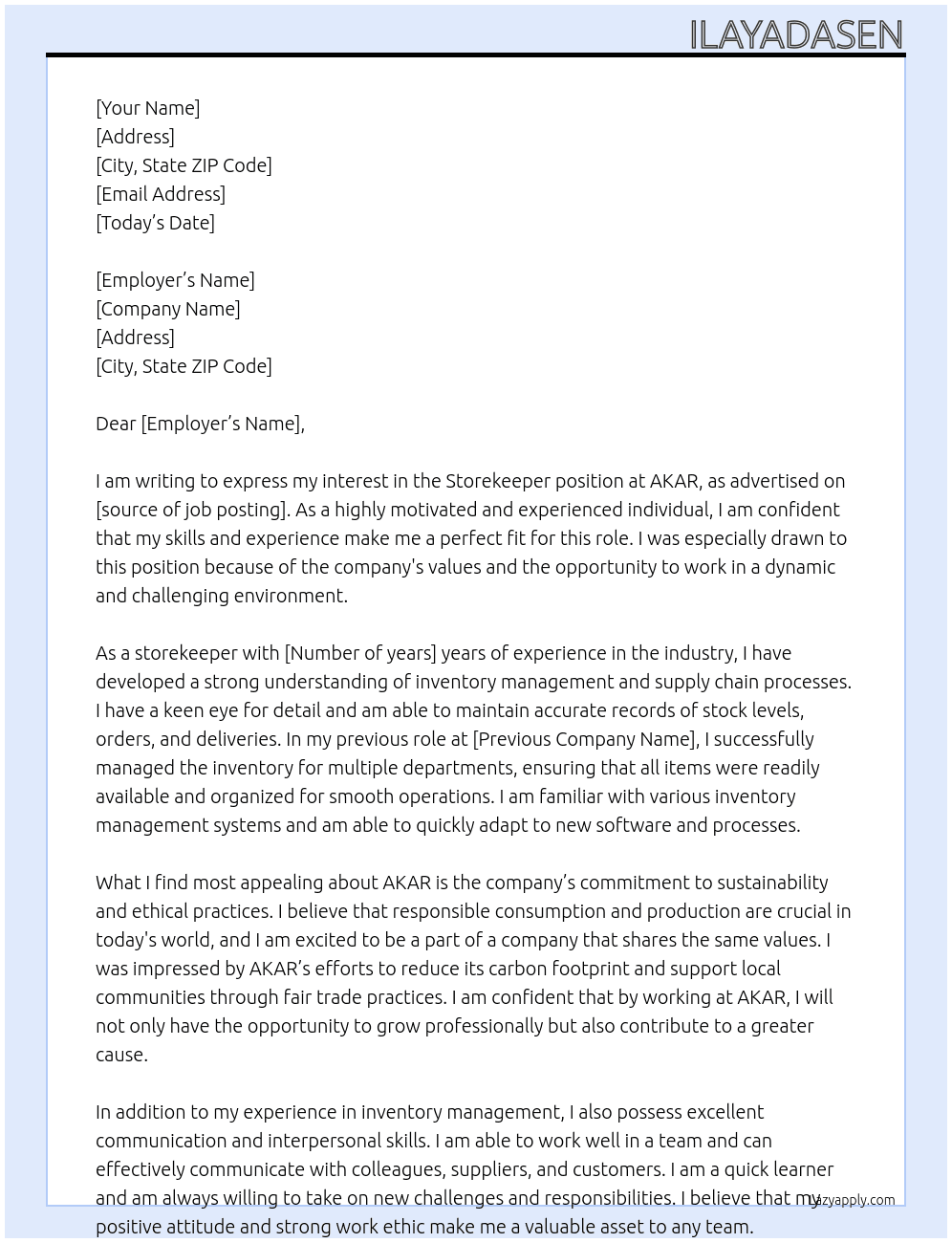storekeeper At AKAR Cover Letter