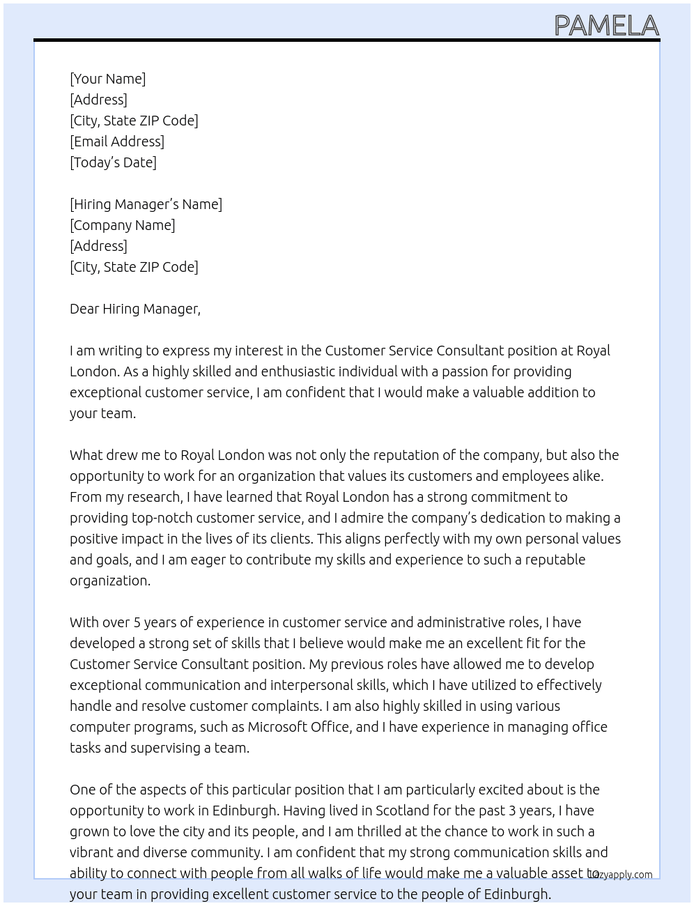 Customer service consultant At Royal London Cover Letter