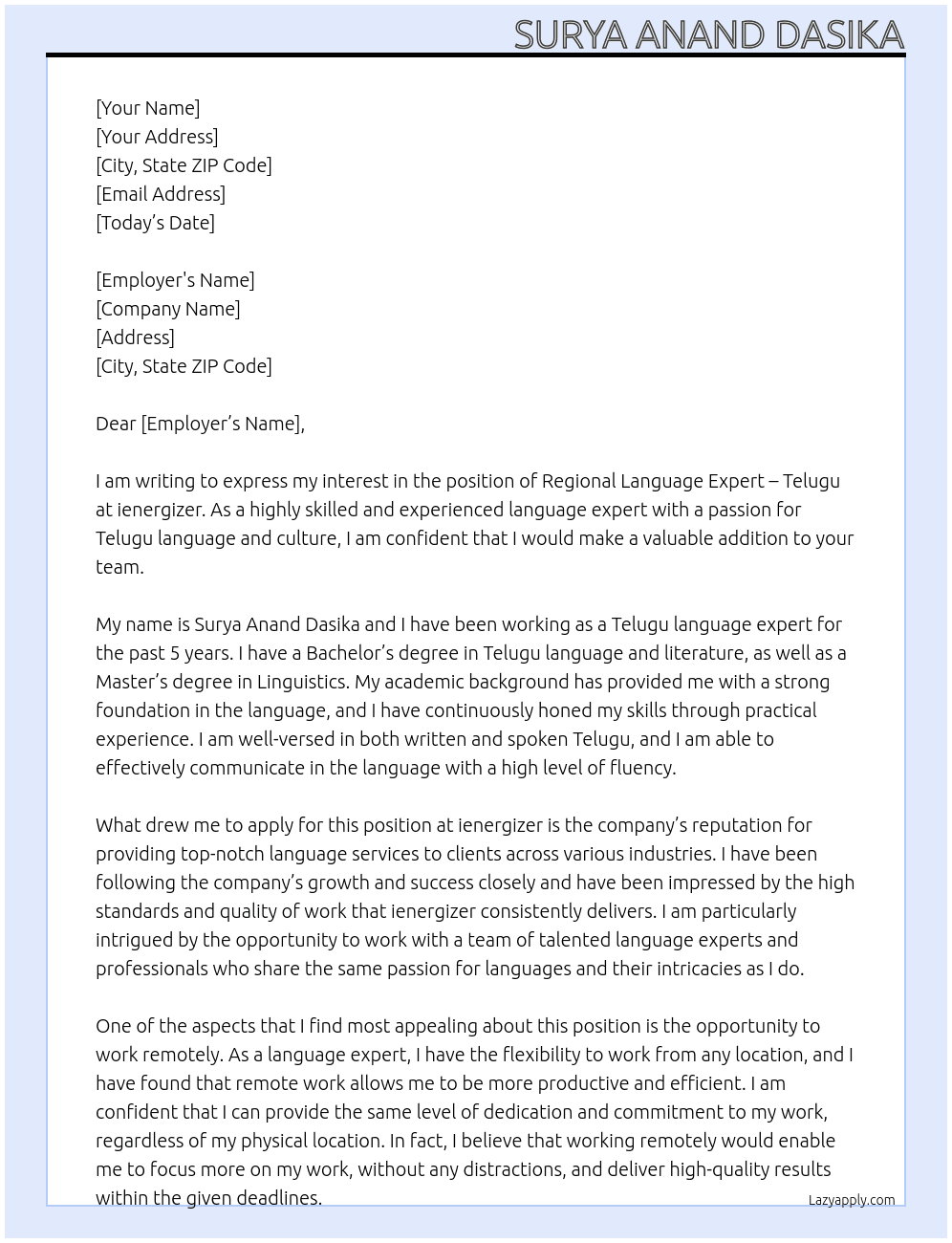 Regional Language Expert - Telugu At ienergizer Cover Letter