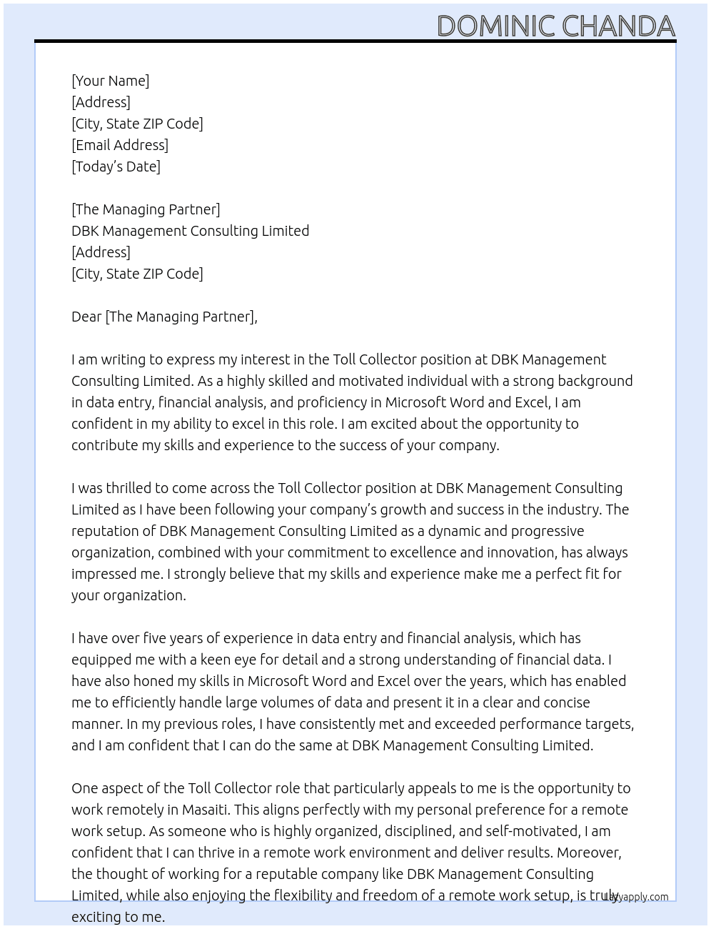 Toll Collector At DBK Management Consulting Limited Cover Letter