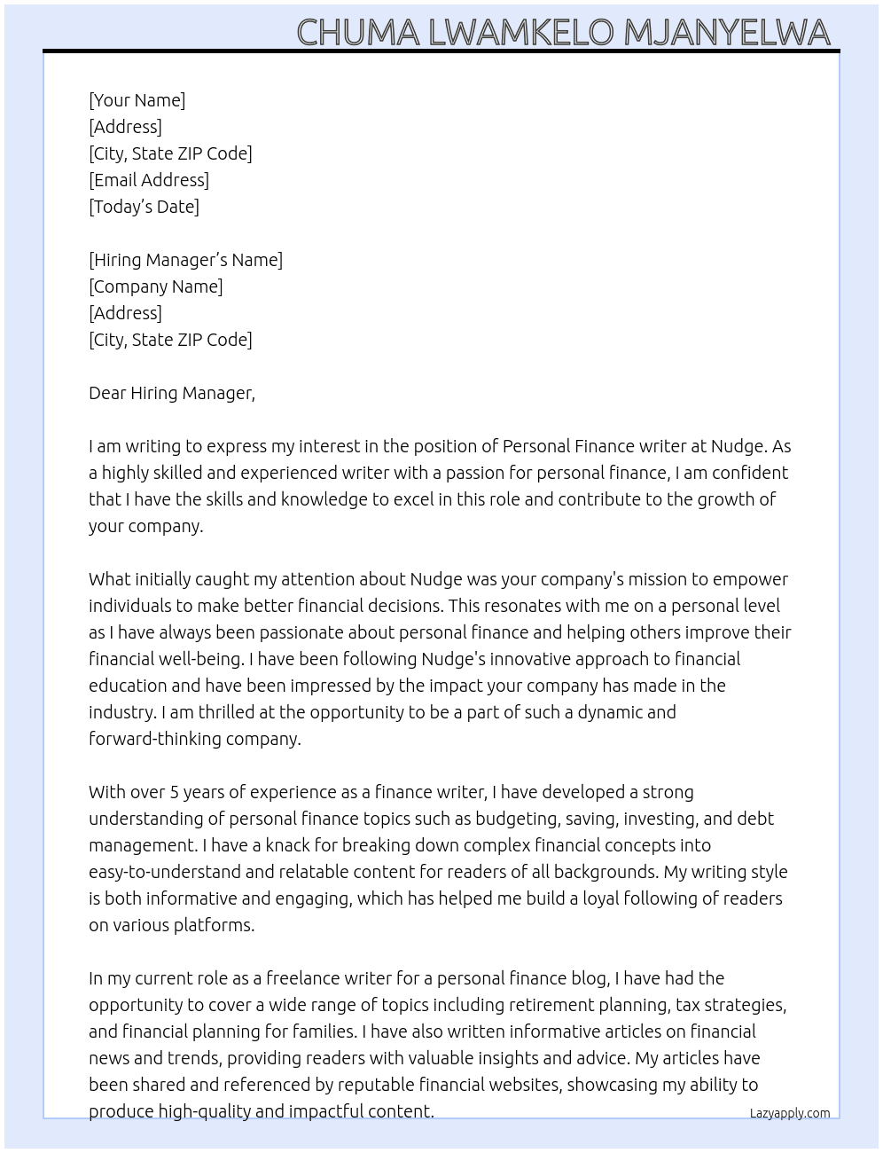 Cover letter for personal finance writer - LazyApply