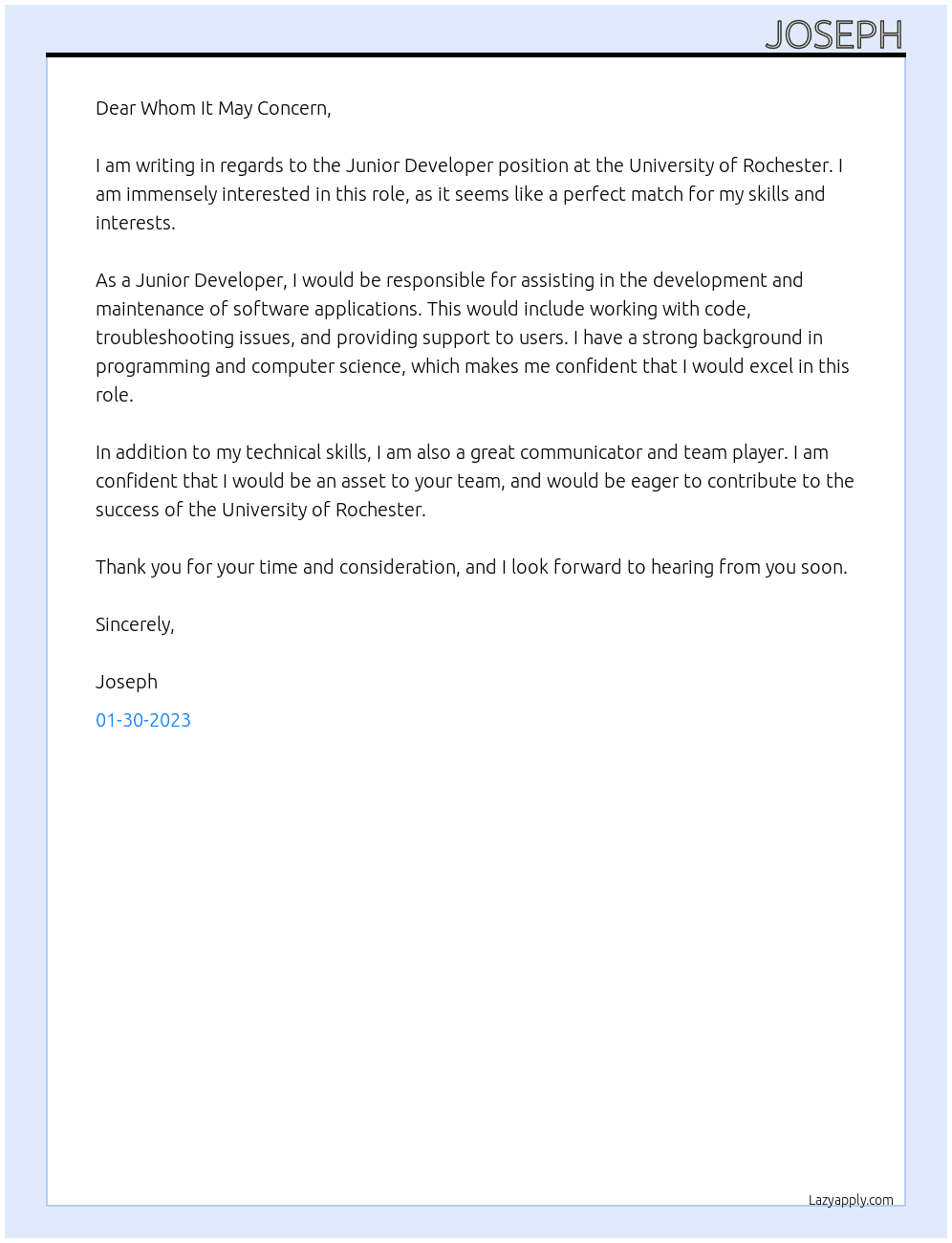 Junior Developer At University of Rochester Cover Letter