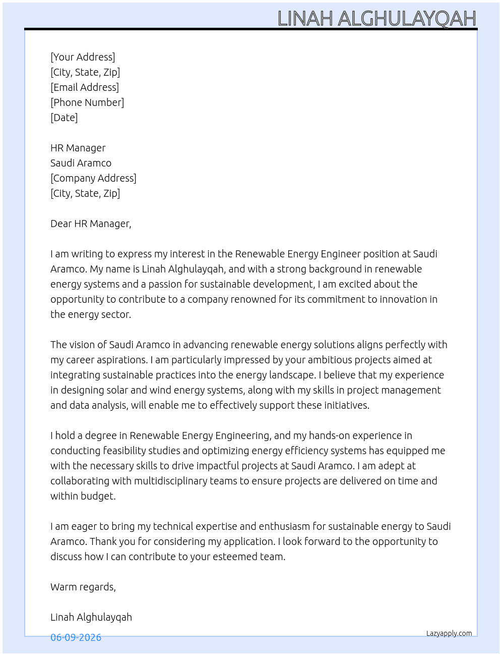Renewable Energy Engineer At Saudi Aramco Cover Letter