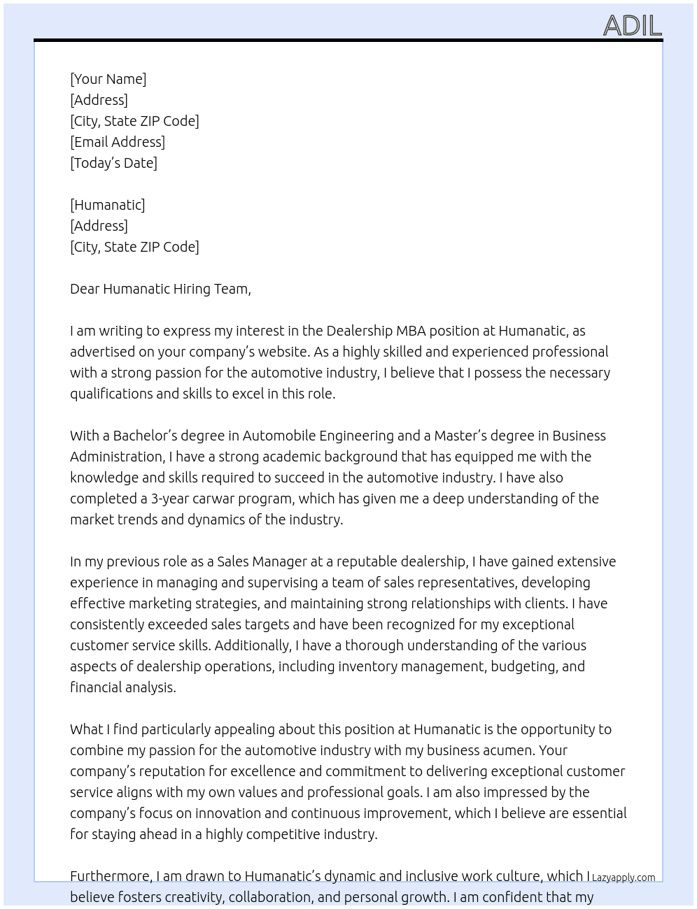 Dealership MBA qualification carwar 3 year experince At Humanatic Cover Letter