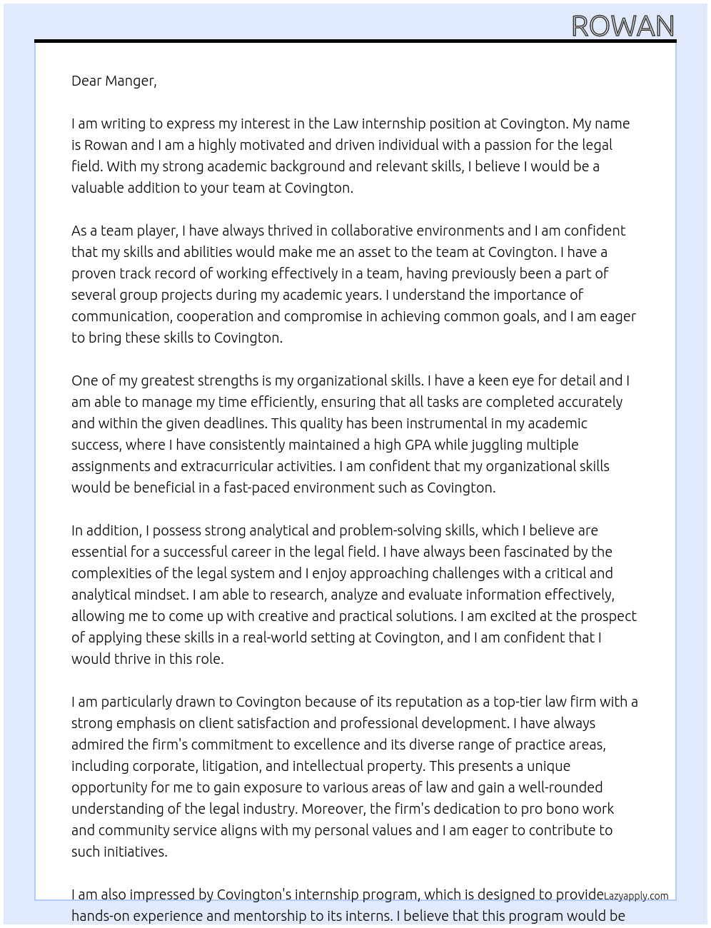 Law internship At Covington Cover Letter