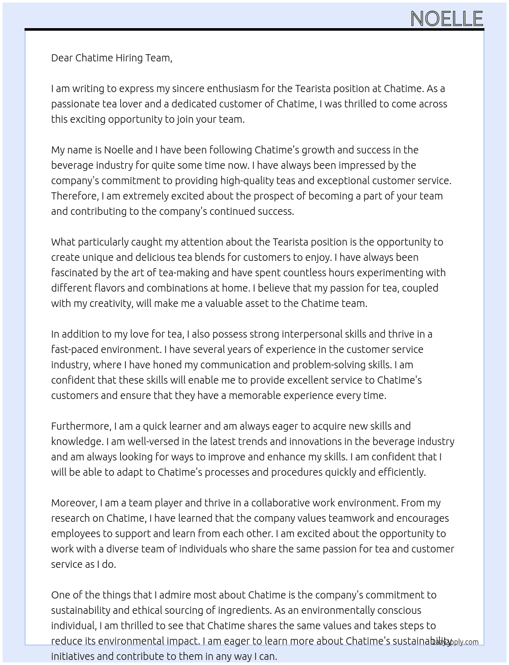 Tearista At Chatime Cover Letter