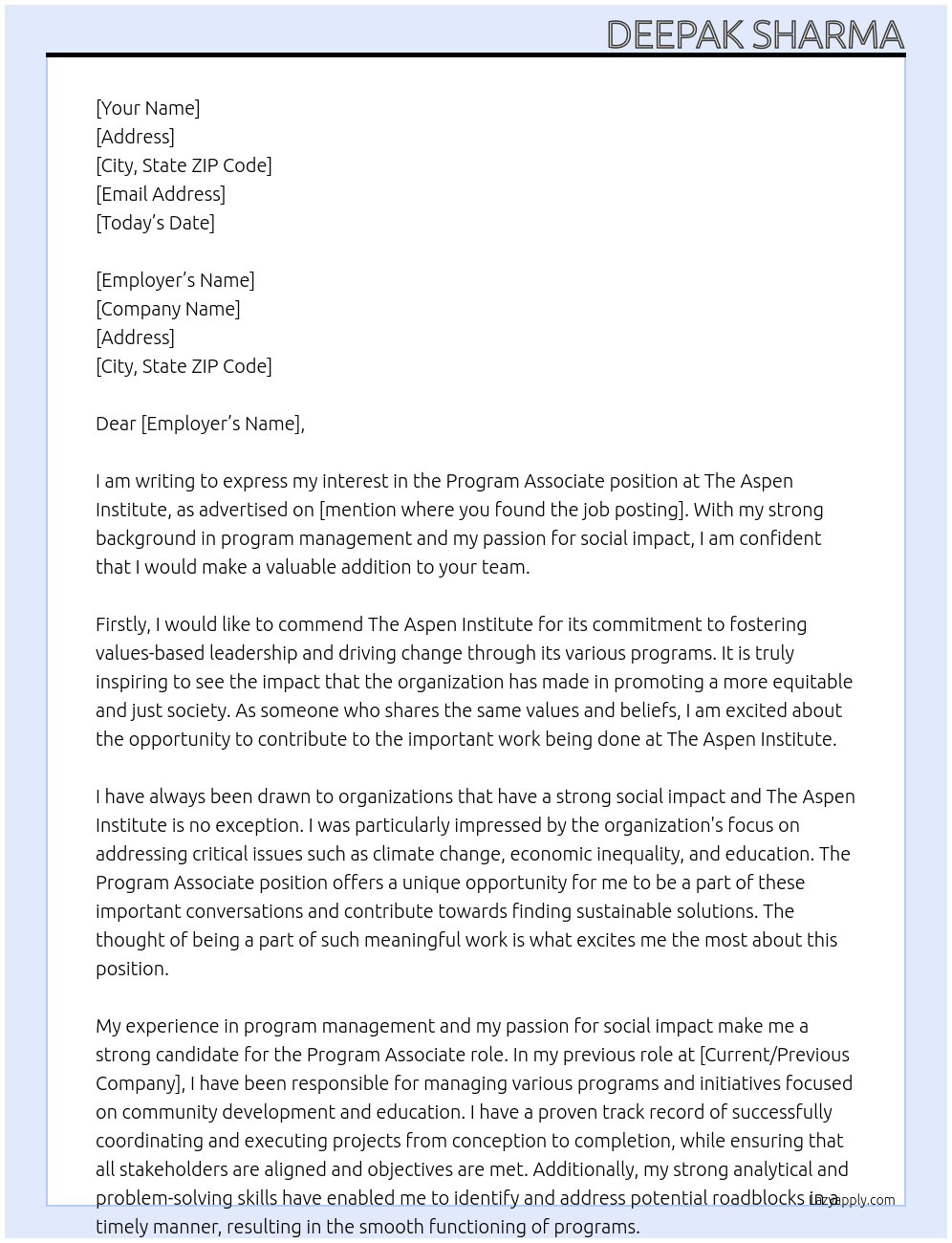 Program Associate At The Aspen Institute Cover Letter