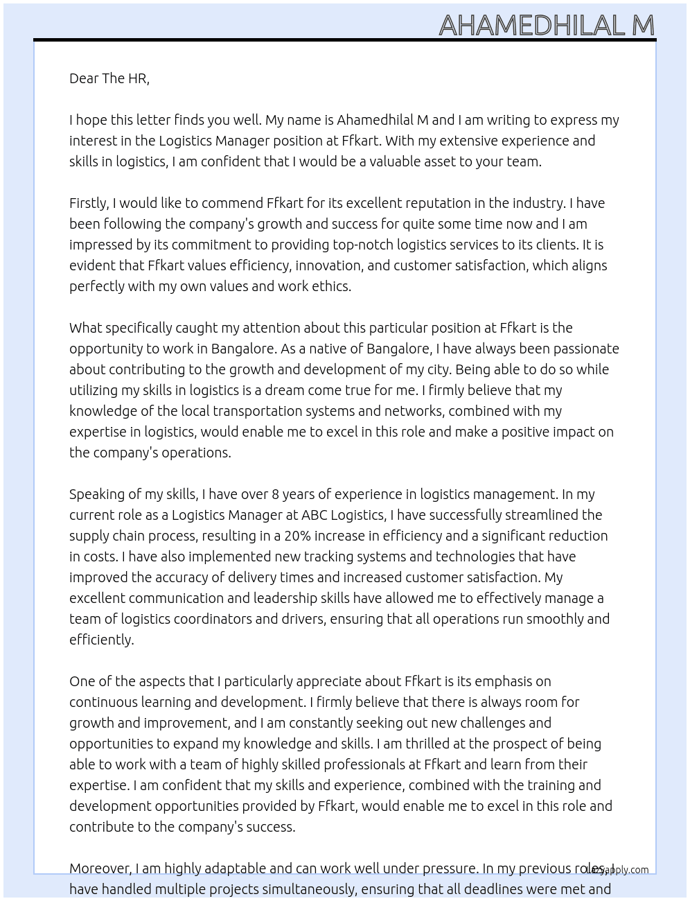 Logistics manager At Ffkart Cover Letter