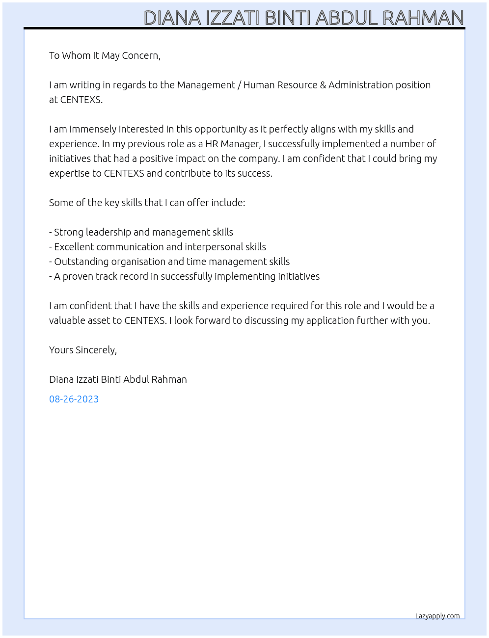 Management / Human Resource & Administration At CENTEXS Cover Letter