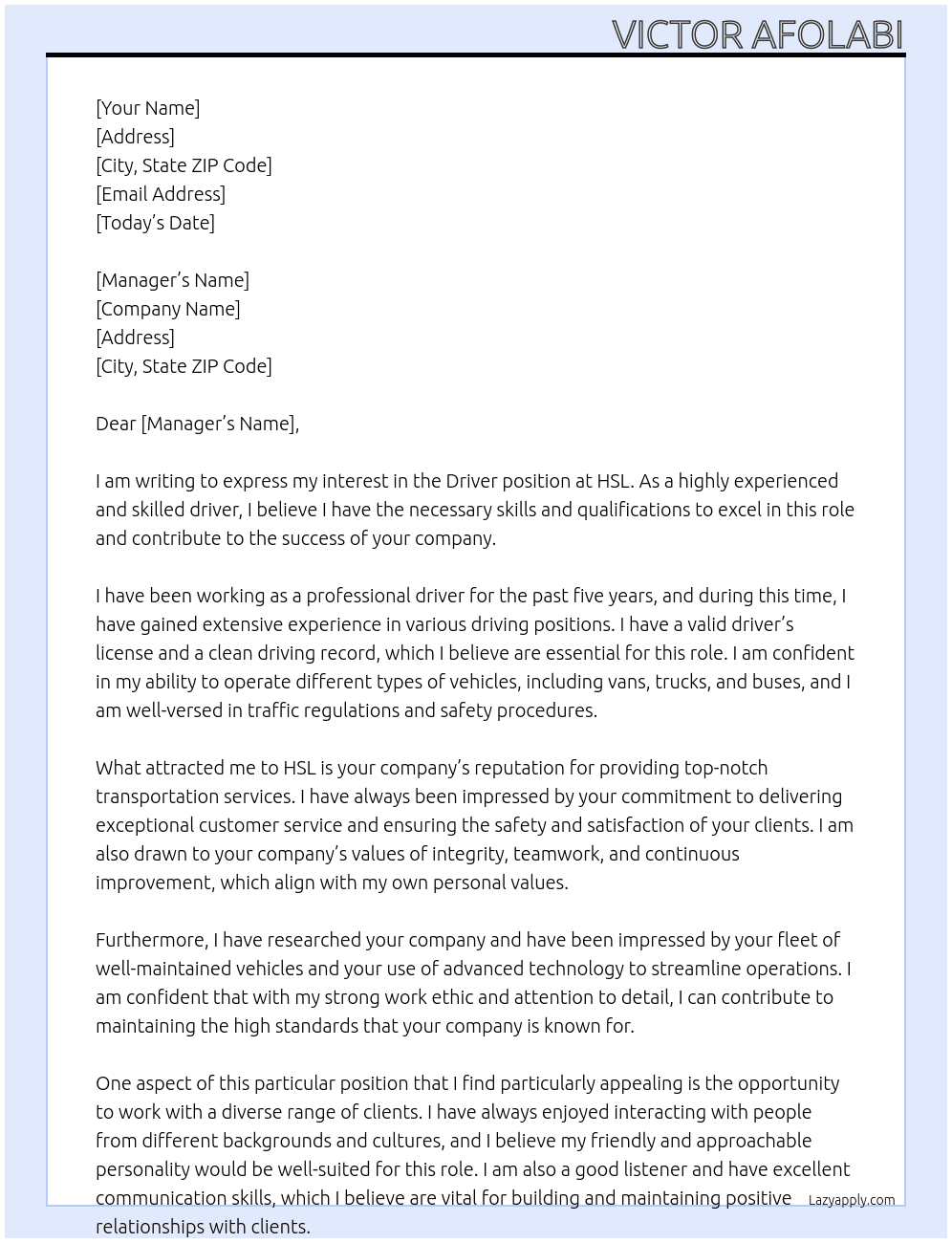 Driver At hsl Cover Letter
