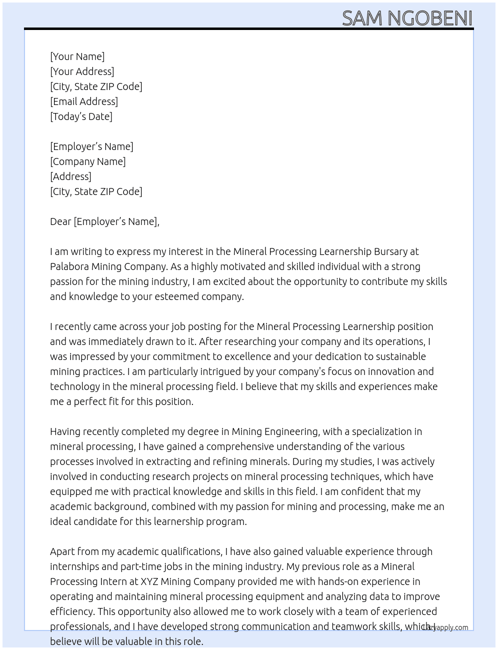 Mineral processing At palaborwa mining company Cover Letter