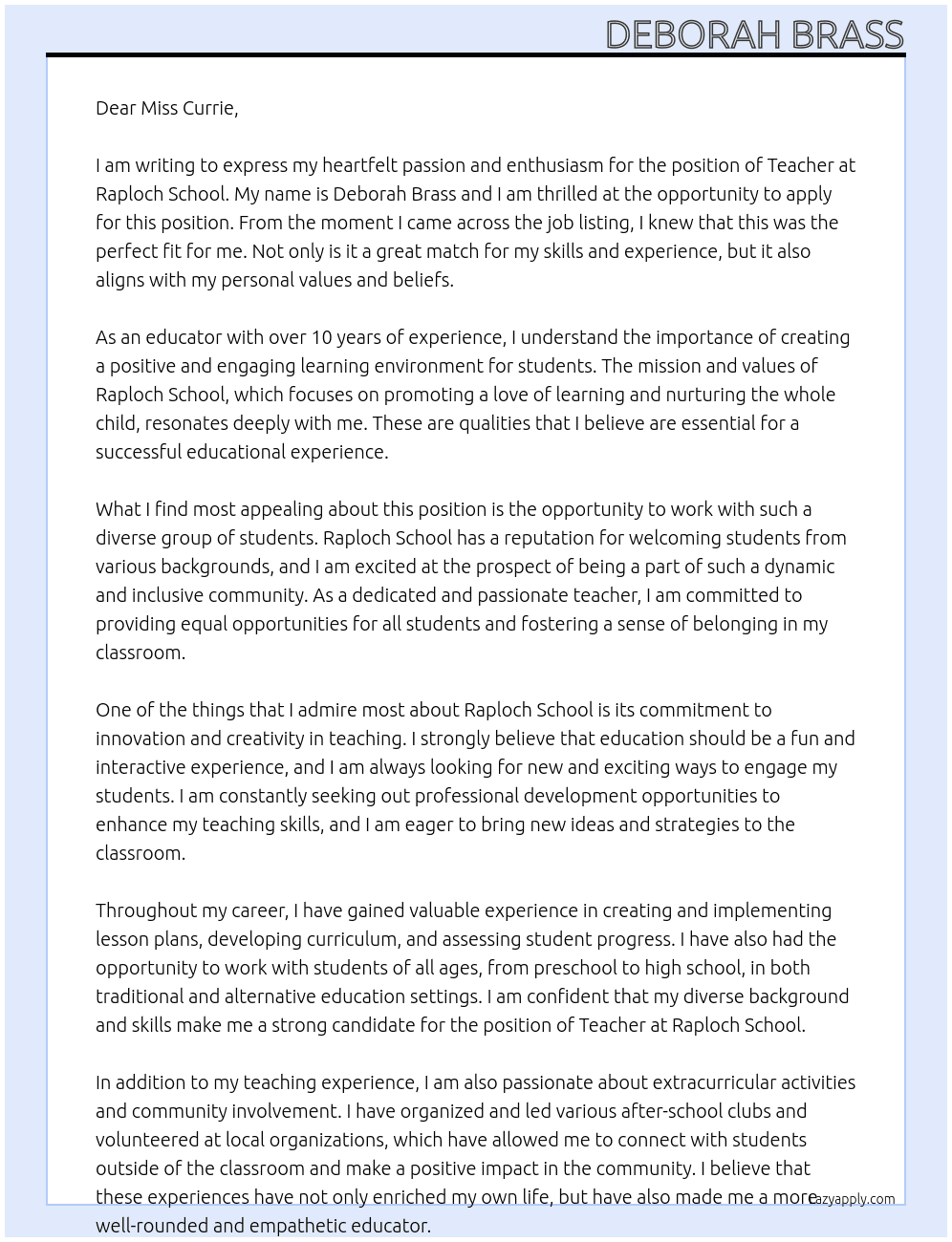 Teacher At Raploch school Cover Letter