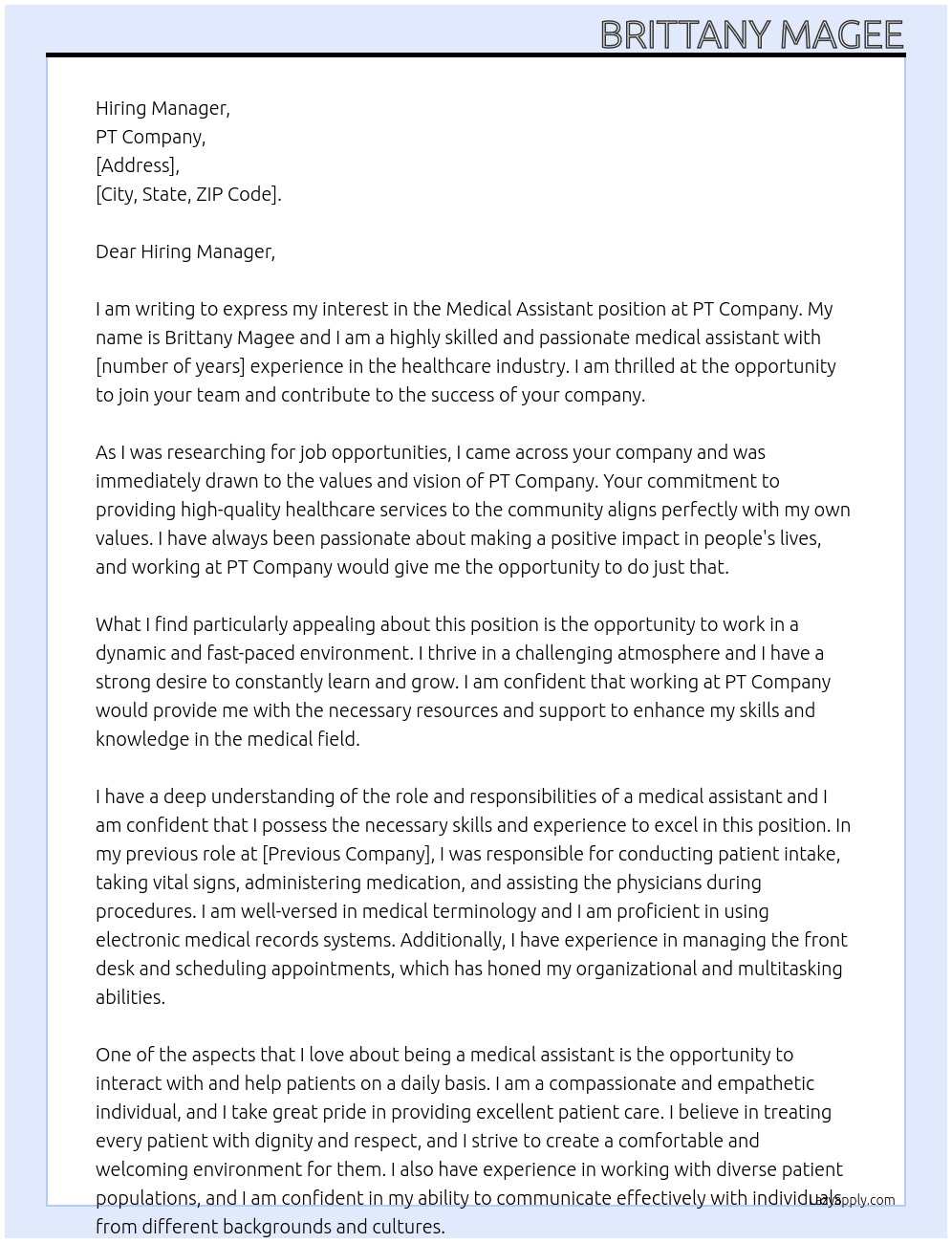 Medical assistant  At PT Cover Letter
