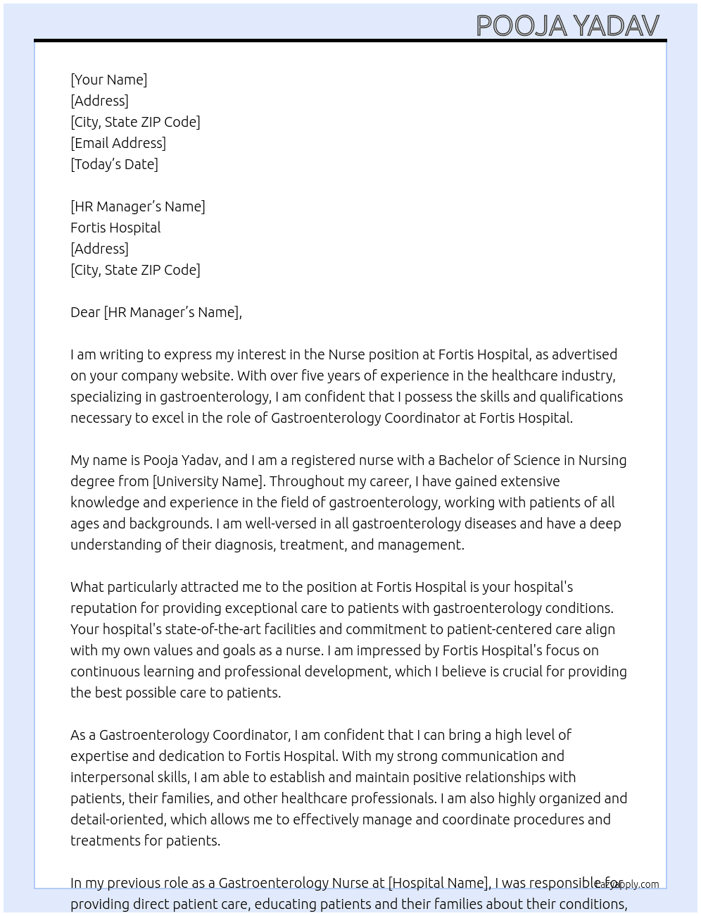 Nurse  At Fortis hospital  Cover Letter
