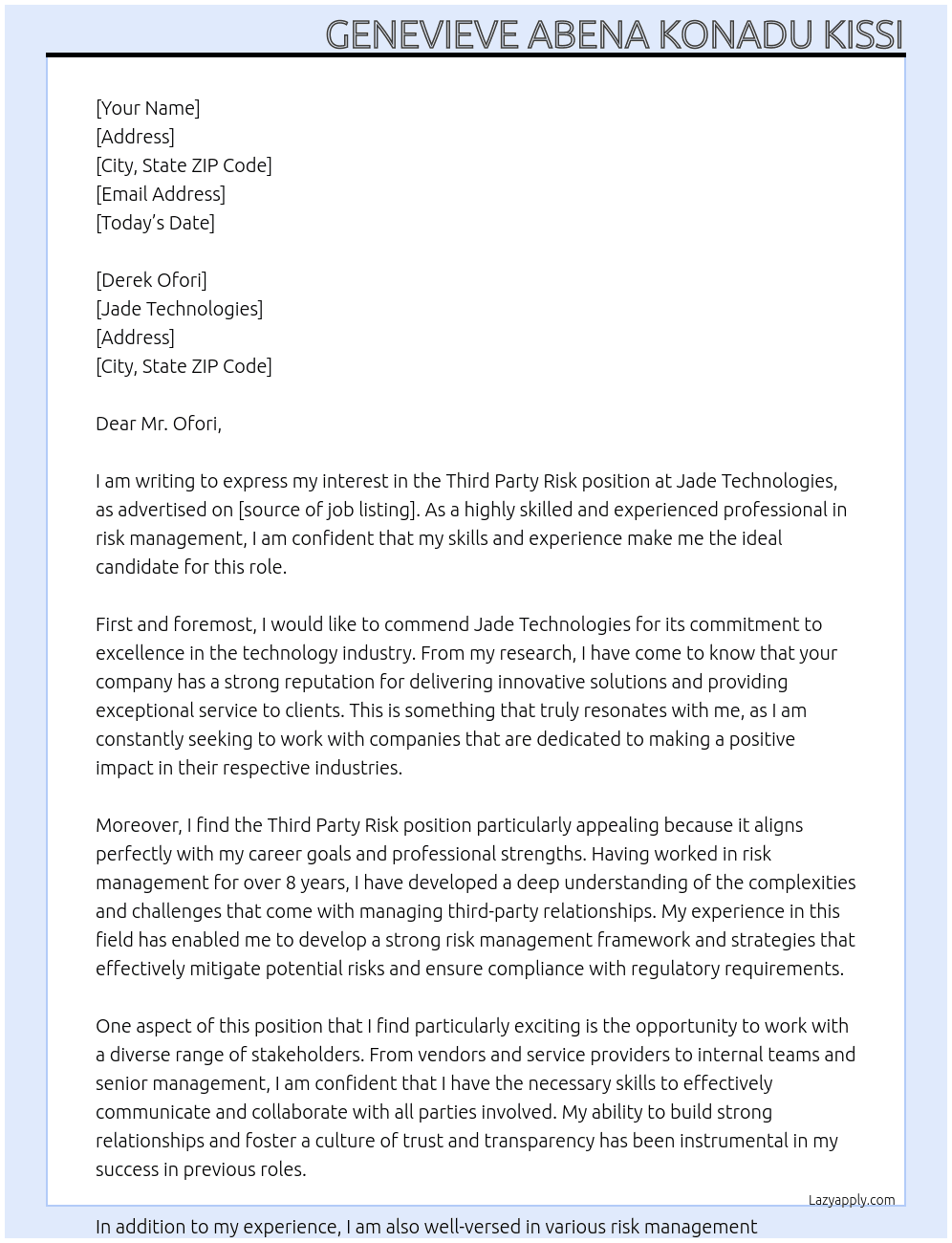 third party risk At jade technologies Cover Letter