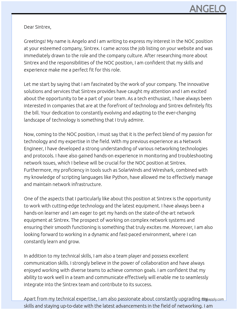 NOC At Sintrex Cover Letter