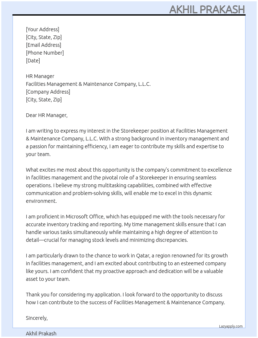 Storekeeper At Facilities Management & Maintenance Company, L.L.C. Cover Letter