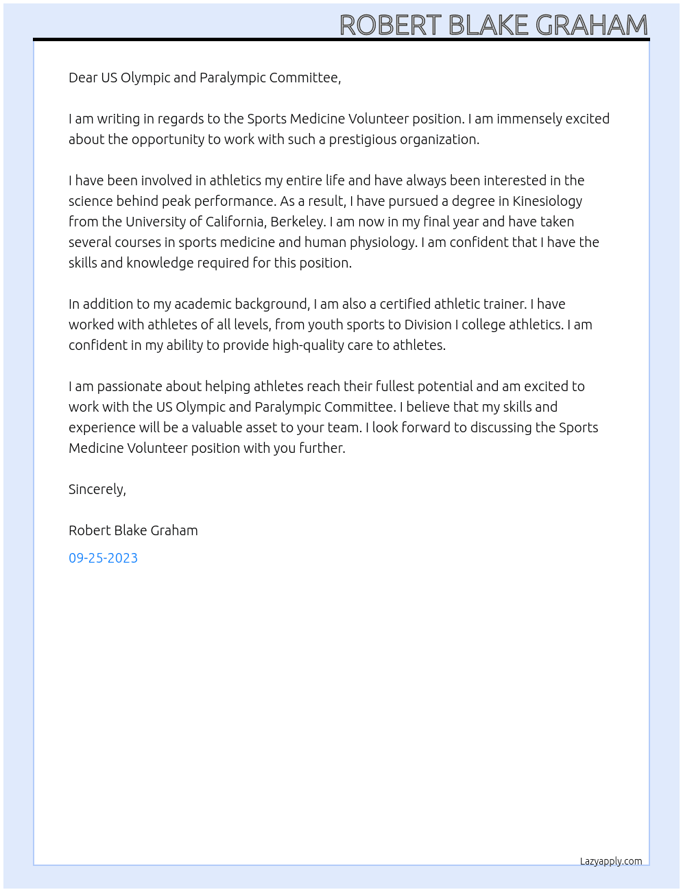 Sports Medicine Volunteer At US Olympic and Paralympic Committee Cover Letter